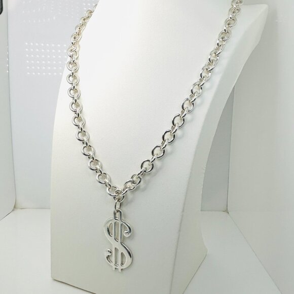 RARE Tiffany & Co Dollar Sign Money Pendant Chain Necklace in Sterling Silver - Picture 3 of 9